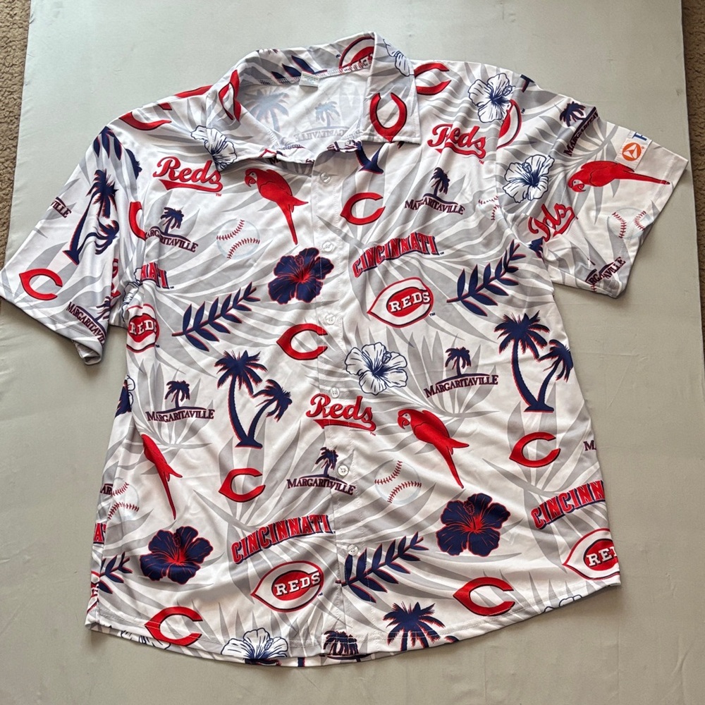 Margaritaville Cincinnati Reds White Red Navy Palm Print Button-Down Shirt